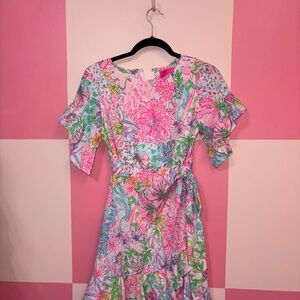 Lilly Pulitzer Pink Multicolor Floral Ruffle Sleeve Wrap Dress